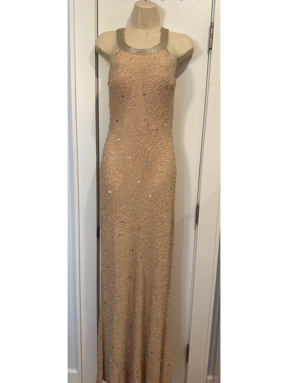 Adrianna Papell Blush Beaded Evening Gown with Halter Neck